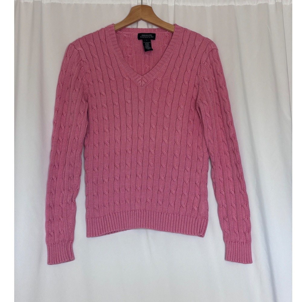 Jones New York Pink Cable Knit V-Neck Mercerized Cotton Sweater Large Y2K